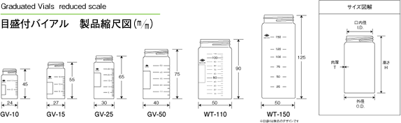 目盛付バイアル（水質検査瓶） 製品縮尺図